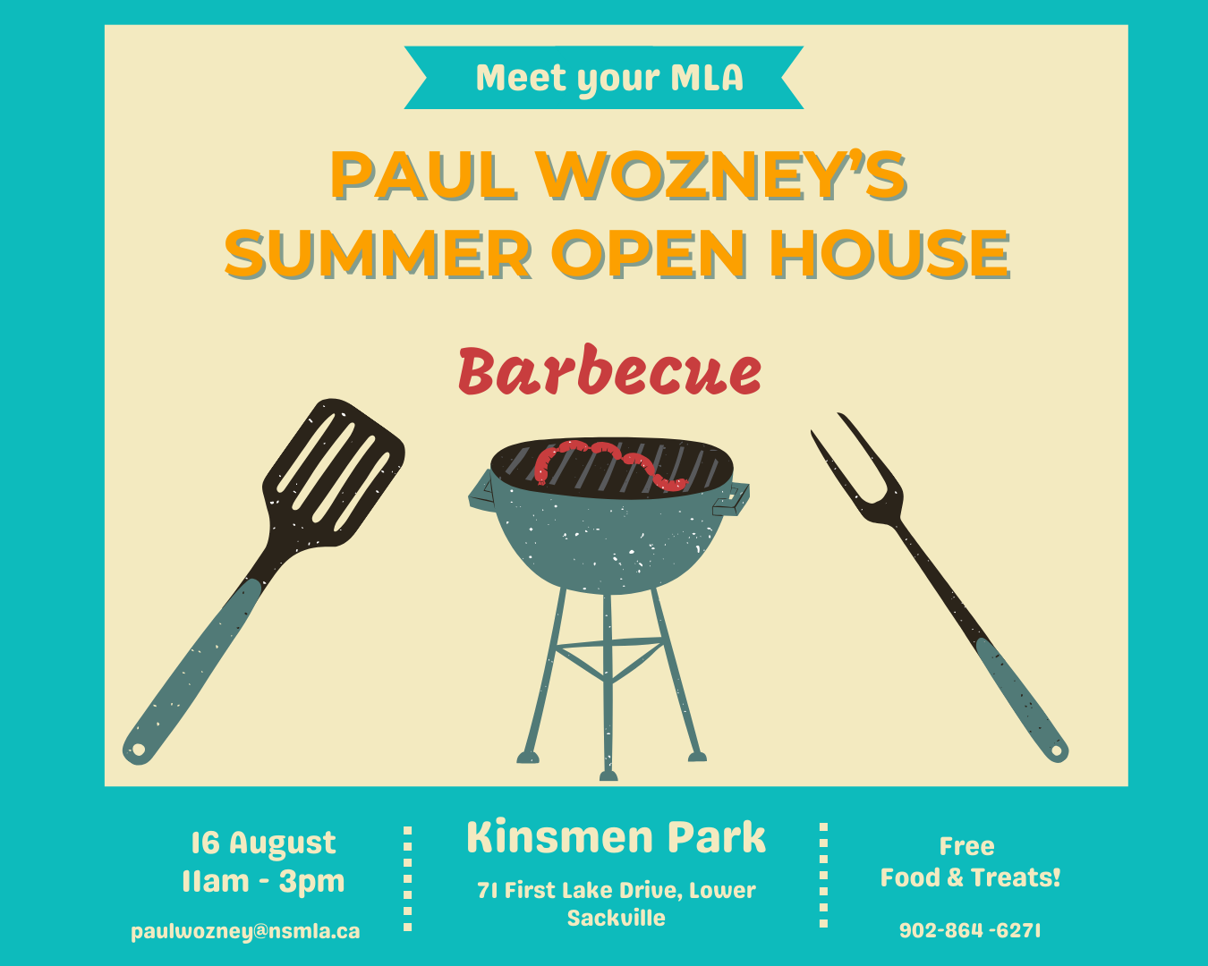 Meet your MLA and enjoy free food on Saturday, August 16th!